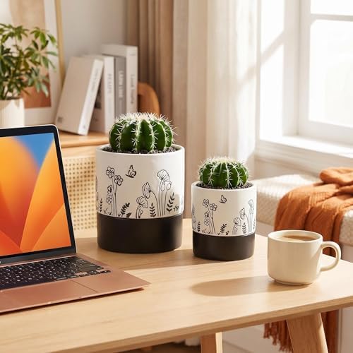 Nihow Self Watering Pots for Indoor Plants,4.5+6 Inch,White Hand Painting - Image 7