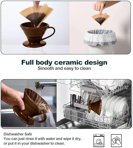 Pour Over Coffee Dripper - Ceramic Cup, Pour Over Coffee Maker Cone, Porcelain Cone, Easy Manual Brew Maker - Strong Flavor Brewer for Home, Cafe, Office - 1-4Cup, V60 Size 02 (Brown) - Image 4