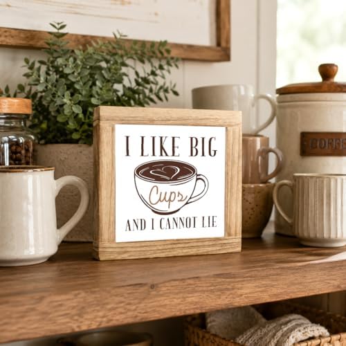 Coffee Wooden Plaque, I Like Big Cups and I Cannot Lie, Funny Kitchen Coffee Sign, Brown Latte Art Decor Accent, Rustic Counter Display For Pantry Shelf Breakfast Bar, 5.9 x 5.9 in - Image 3