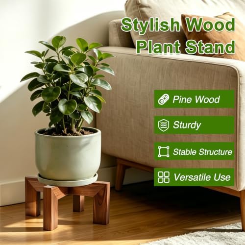 8" Walnut Wood Plant Stand, Mid Century Modern Pot Holder, Fits 2.5-8" Pots - Image 2