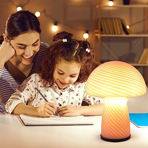 NOTOC Mushroom lamp,Dimmable Glass Table Lamp,Vintage Style Table Lamp,Stripe Pink Bedside Desk lamp,Cute Table Lamps.（LED Bulbs Included） - Image 5