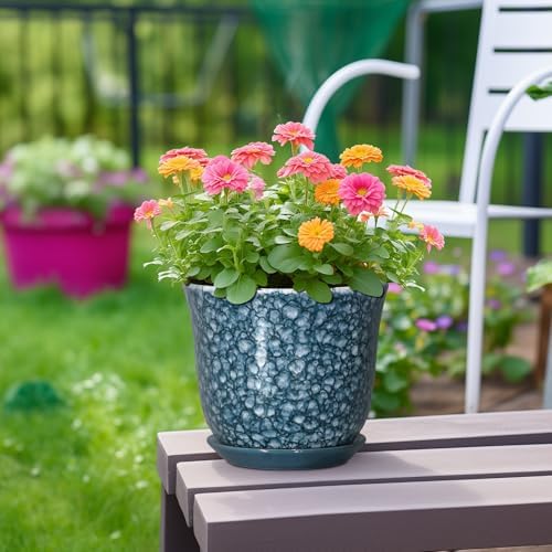 8 Inch Plant Pot - Ceramic Planter for Indoor Outdoor, Round Planter with Drainage Hole and Saucer, Modern Planters, Decorative Flower Pot, Garden Room Office Home Decor, Garden Gifts, Blue - Image 4