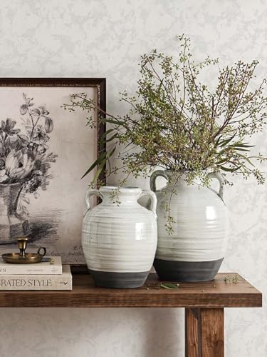 Large White Ceramic Vase with 2 Handles, 11.3 Inch, Farmhouse Rustic - Image 2