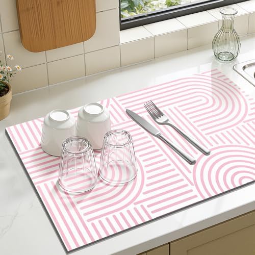 Findosom Geometric Dish Drying Mat, 12" x 20" Absorbent Coffee Mat, Pink - Image 4