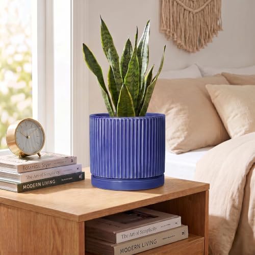 6 Inch Ceramic Pots for Plants, Round Plant Pot with Tray, Blue - Image 4