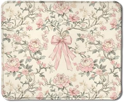 Vintage Pink Floral Mouse Pad, Coquette Girly Pink Bow Peony Flower Aesthetic Mouse Pads for Wireless Mouse Computers Laptop Desk Accessories, Preppy Girly Office Supplies, 9.5x7.9 Inch by Unknown