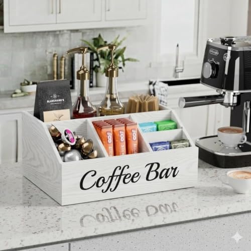 2 Pack Coffee Station Organizer for Countertop – Wooden Coffee Bar Organizer with Adjustable Dividers,Holds K Cup Pod & syrup bottles, for Kitchen, Office, or Bar and Tea Station, White - Image 4