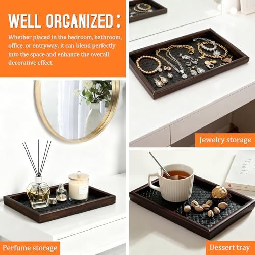 Wooden Valet Tray Desk Organizer with Leather Base,Nightstand, Entryway Bedside Dump Holder for Wallets, Keys, Watches, Jewelry & Sunglasses - Image 4