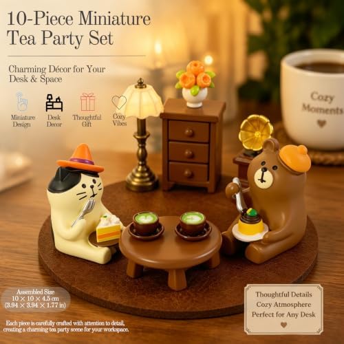 Miniature Animal Desk Decor Set, Cat & Bear Tea Party Scene Figurine - Image 2