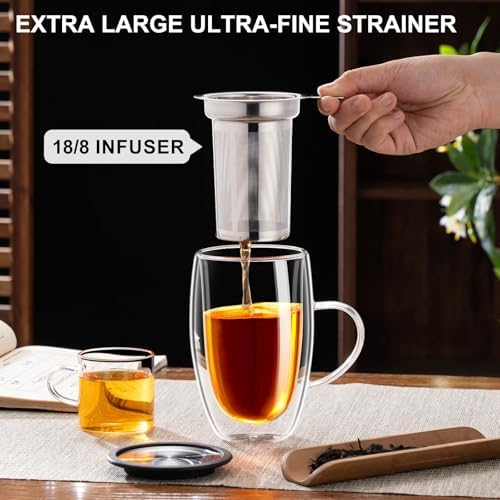 Baalaka Tea Infuser Mug, 16 fl oz Double-Wall Glass for Loose Leaf Tea (Pack of 4) - Image 3