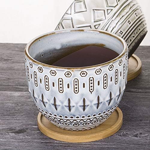 VanEnjoy 5.5 inch Large Round Bohemian Style Ceramic Planter, Geometry Engrave Off White Brown Succulent Planter Flower Pot, Indoor Outdoor Decorative Planter - Image 4
