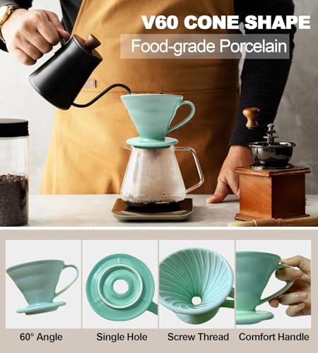 Pour Over Coffee Dripper - Ceramic Cup, Pour Over Coffee Maker Cone, Porcelain Cone, Easy Manual Brew Maker - Strong Flavor Brewer for Home, Cafe, Office - 1-4Cup, V60 Size 02 (Lake Green) - Image 2