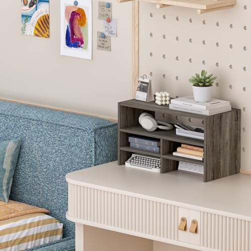Wood Desktop Organizer Shelf with Five Storage Compartments, Vertical Desk Organizer with Three Shelves, for College Dorm Room, Office, Gray - Image 4