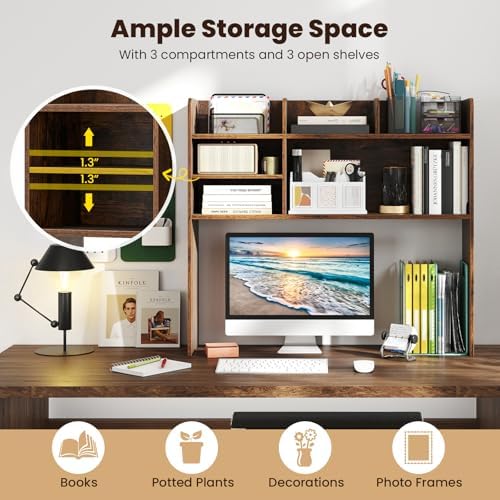 GIANTEX Desktop Bookshelf, 37" Desk Hutch Dorm for Computer Up to 32 Inch, Countertop Hutch w/6 Storage Shelves, 3-Tier Desktop Organizer Display Rack, Wood Desk Shelf for Home Office (Rustic Brown) - Image 4