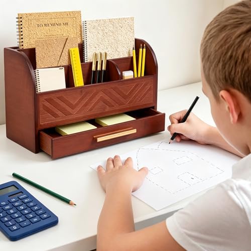 Brown Desktop Organizer with Drawer Storage, White Desk Organizer Mail Holder Mail Organizer Countertop Pen Holder Letter Sorter Make up Organizer for School Home Office Supplies - Image 2