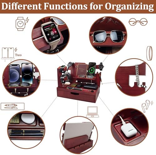 Nightstand Organizer for Men with Drawer Gift for Men, Mahogany - Image 4