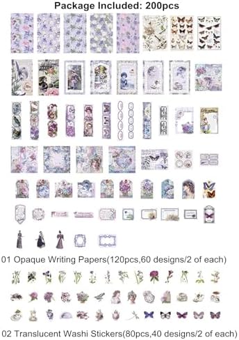 Esweny 200PCS Vintage Scrapbooking Supplies Pack, Aesthetic Scrapbook Sticker Paper Art Journaling Kit for Junk Journals,Planner,Cottagecore Decor Gifts (Purple Series) - Image 2