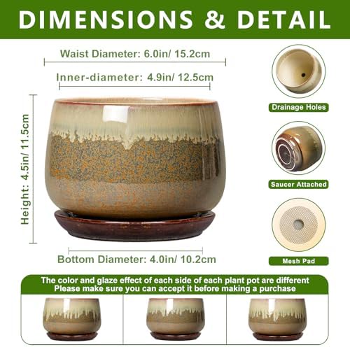 Ceramic Pots for Plants, 6 Inch Plant Pot Indoor, Brown-Beige - Image 2