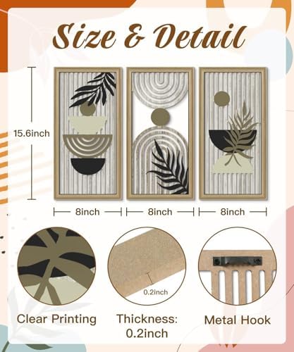 Putuo Decor Boho Abstract Wall Art, Set of 3, Modern Geometric Botanical Wooden Wall Decor, Mid-Century Minimalist Framed Artwork, Neutral Toned Aesthetic Prints, for Living Room, Bedroom, Office - Image 2