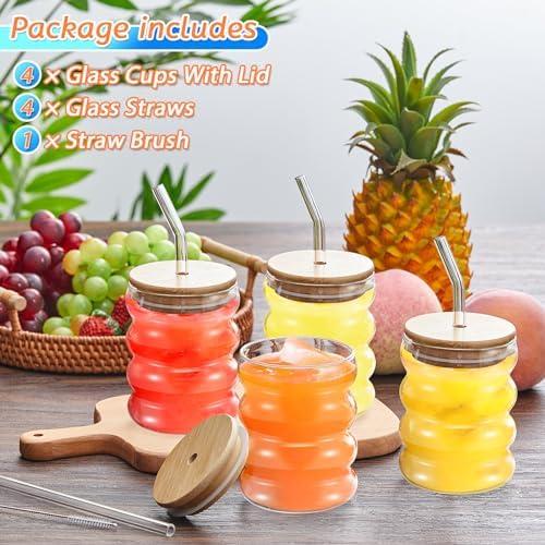Tessco for you 4 Pcs Creative Glass Cups with Lids and Straws Brush, 12 oz Aesthetic Cup Iced Coffee Glasses Clear Ribbed Glassware Wave Tumbler Drinking Cups for Juice Coffee Beverage Bubble Tea - Image 3