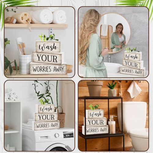 Moucuny 3 Pcs Laundry Room Decor Wood Block Signs Wash Your Worries Away - Image 4
