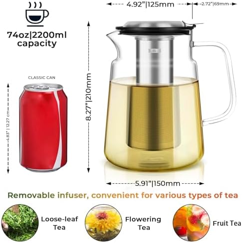 Aquach 74oz Glass Tea Pot with Infuser, Stovetop Safe Borosilicate Teapot - Image 5