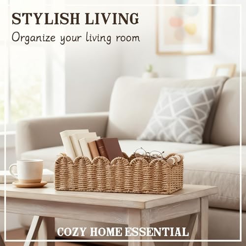 Upgraded Paper Rope Scalloped Edge Toilet Paper Storage Basket, Small Living Room, Bedroom Decor Baskets for Over Toilet Storage Shelf, End Table, Shelves and More, with 2 Wooden Handle (Neutral) - Image 2