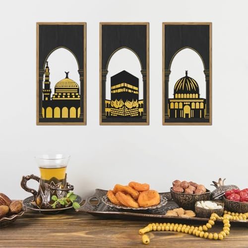 KAIRNE Eid al-Fitr Wooden Wall Art,3pcs 8”X16” Islamic Festival Decorations,Muslim Home Hanging Decor,Framed Mosque Wall Sculptures,Eid Ramadan Kareem Decoration,Rustic Religious Artwork Gift for Friend Family Living Room Bedroom Decor - Image 4
