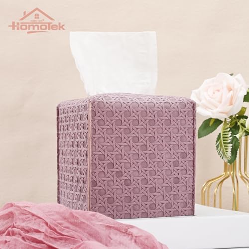 HOMOTEK 1 Pack Tissue Box Cover, Square PU Leather Tissue Holder, Decorative Facial Tissue Cube Paper Organizer Dispenser for Bathroom, Night Stands, Desk, Car 5X5X5'' - Rattan Weave, Plum Red - Image 3