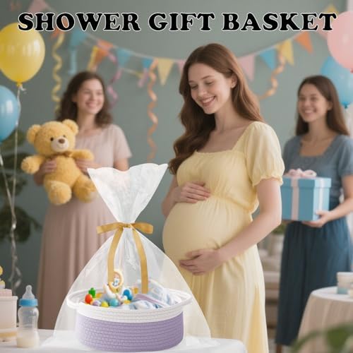 Woven Rope Basket-Baby Gift Basket with Bag & Ribbon, White&Purple - Image 6