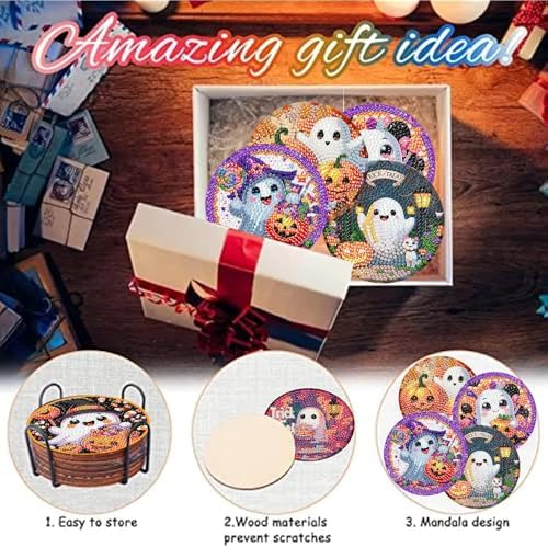 NEGEKFKX 8 Pcs Halloween Horror Ghost Diamond Art Painting Coasters Kits - Image 6