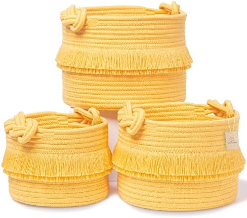 NaturalCozy 3-Piece Boho Decor Storage Basket Set – Cotton Rope Woven Baskets for Organizing! Small Basket for Baby Stuff, Baby Shower, Gift Basket, Nursery Basket, Planter, Toy Basket, Shelves by NaturalCozy