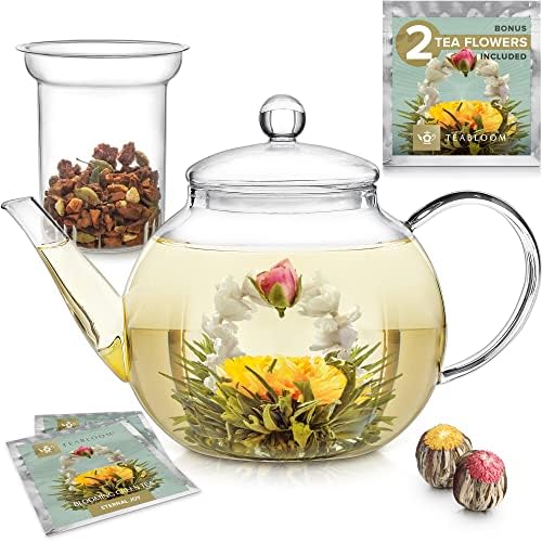 Teabloom Stovetop & Microwave Safe Glass Teapot with Removable Loose Tea Glass Infuser – Includes 2 Blooming Teas – 2-in-1 Tea Kettle and Tea Maker – Tea Purist's Choice by Teabloom