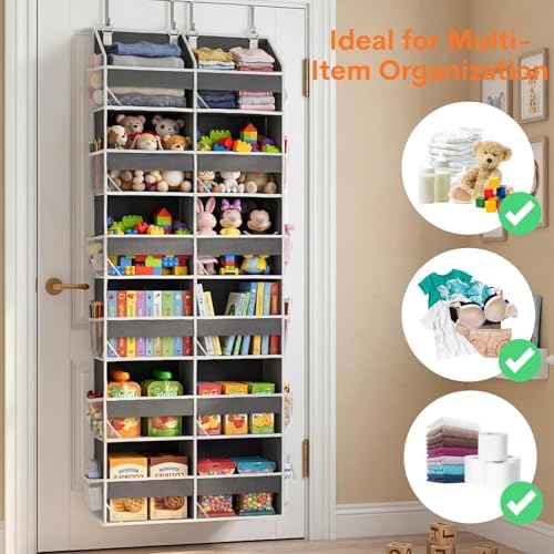 Over the Door Organizer 6 Tiers, Extra Large Behind Door Storage of 12 Compartments, 80 lbs Weight Capacity Hanging Storage Organizer with Clear Window Kids Toys, Shoes, Diapers, Room storage - Image 5