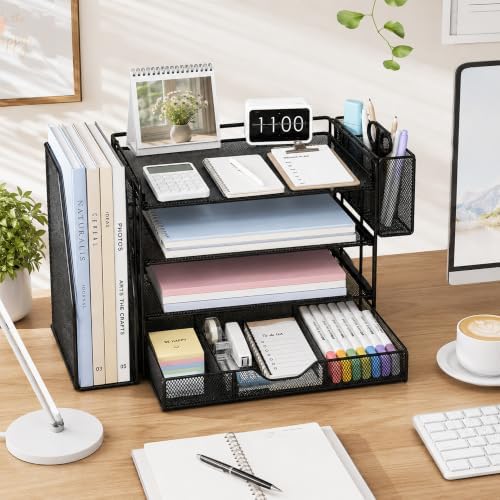 4-Tier Desk File Organizer with Drawer & Pen Holder (Black) - Image 6