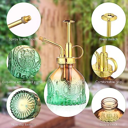 8 Pcs Glass Plant Mister Spray Bottle 200ml Vintage Plant Spritzer Multicolor Succulent Watering Bottle Watering Can 6.4'' with Plastic Top Pumps for Indoor Outdoor Succulents Garden Plants (Gold) - Image 3