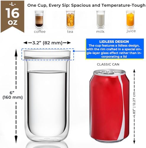 Aquach 16oz Double Walled Glass Coffee Cups Set of 2, Insulated Tumblers - Image 4