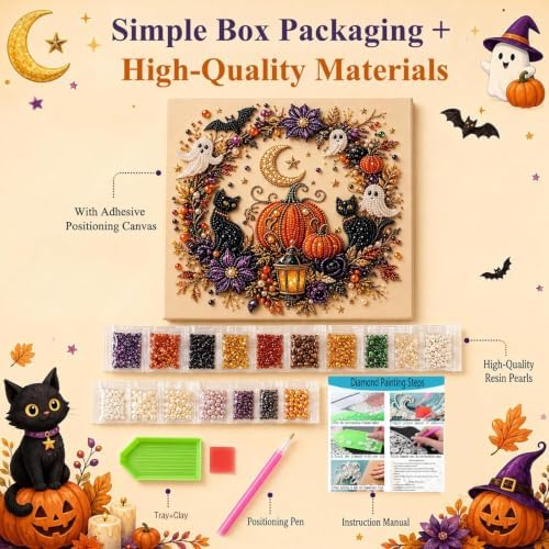 LAPUOTSP Halloween Ghost Pearl Art DIY Kit，Vintage Bead Embroidery Style Witch & Black Cat Ghost Pumpkin Rhinestone Canvas Art, DIY Gem Art Wall Hanging Decor, Unique Holiday Handcraft Gift - Image 3