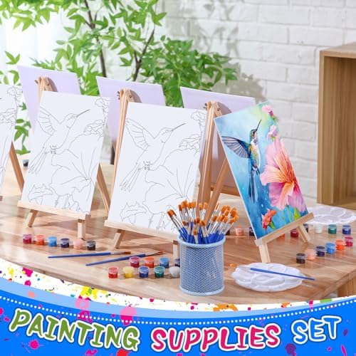Motipuns 6 Set Pre Drawn Canvas for Painting for Adults Sip and Paint Kit with Easels 8 x 10 Inches Paint Party Kit with Printed Canvas Paints Brushes Palette Apron(Hummingbird) - Image 3