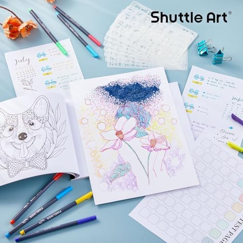 Shuttle Art Fineliner Colored Pens, 100 Colors 0.38mm Fine Point Pens with Stencils & Adult Coloring Books for Coloring, Drawing, Detailing, Writing Note Taking Calendar and Journal Art Projects - Image 4