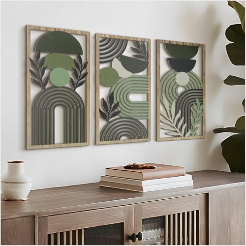 VIYYIEA Boho Solid Wood Carved Wall Art Set of 3, Geometric Minimalist Wooden Home Decor Panels, Handcrafted Solid Wood Wall Hanging for Living Room Bedroom Hallway, 16 x 8 Inch Each (Boho Green) by VIYYIEAART