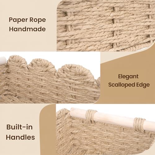 iEGrow Paper Rope Small Storage Baskets for Organizing, Set of 2 Scalloped Edge Wicker Basket with Wooden Handles Toilet Paper Basket for Over Toilet Storage Shelf, Home Decor, Living Room (Beige) - Image 4