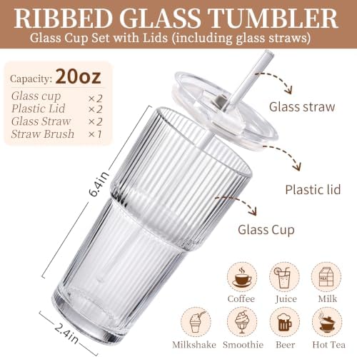 Iced Coffee Cups with Lids 2Pcs: Ribbed Glass Tumbler with Straw and Lid 20oz - Vintage Glass Cups with Lids and Straws - Tumbler Leak Proof Aesthetic Drinking for Coffee Bar Accessories - Image 2