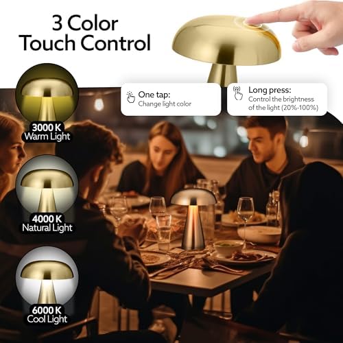 Brushed Gold Mushroom Table Lamp, Cordless Rechargeable LED Metal Lamp, Tap Touch 3-Color Modes Changing Light, Small Portable Accent Lamp for House, Restaurant, Hotel, Bars, Travel, Emergencies - Image 4