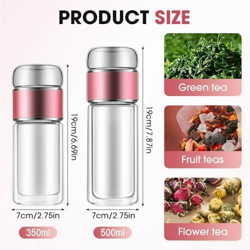 12oz/350ml Double Wall Glass Tea Infuser Bottle, Leakproof Travel Mug with 304 Stainless Steel Filter, Hot & Cold Drinks Tumbler for Loose Leaf Tea, Fruit Water, Home Office Travel (Rose Gold) - Image 6