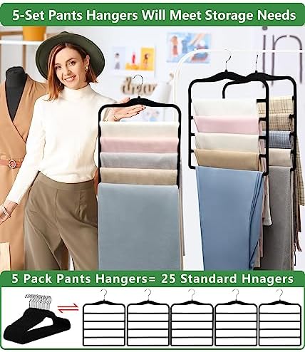 Pants Hangers Space Saving,5P Scarf Hangers for Closet Organizers and Storage,Non Slip Velvet Hanger for Closet Organizer,College Dorm Room Essentials,Heavy Duty Organization and Storage Jean Hangers - Image 4
