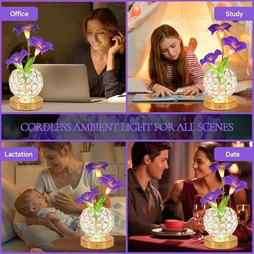 Flower Table Lamp, 3 Colors Touch Stepless Dimming Crystal Night Light, Rechargeable Artificial Morning Glory Light, LED Flower with Vase Lamp Romantic Decor for Date Party Home (Morning Glory-Purple) - Image 6
