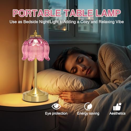 Cordless Table Lamp, Rechargeable Purple Glass Lotus Flower Lamp - Image 6