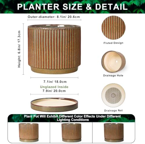 Ceramic Plant Pots, 8 Inch Planter, Round Plant Pot, Retro Brown - Image 2