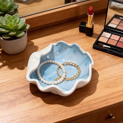 Shell Shape Ceramic Jewelry Tray, Blue Shell Trinket Dish, Ocean Themed Ring Earring Holder, Decorative Organizer for Rings, Earrings, Necklaces, Bracelets, Coastal Beach Home Decor (Blue Shell) - Image 2